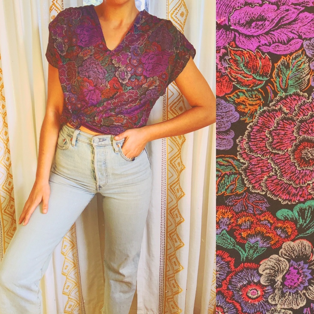 Paul Stanley VTG 80s Gauze Floral Top Short Sleeves Size Small